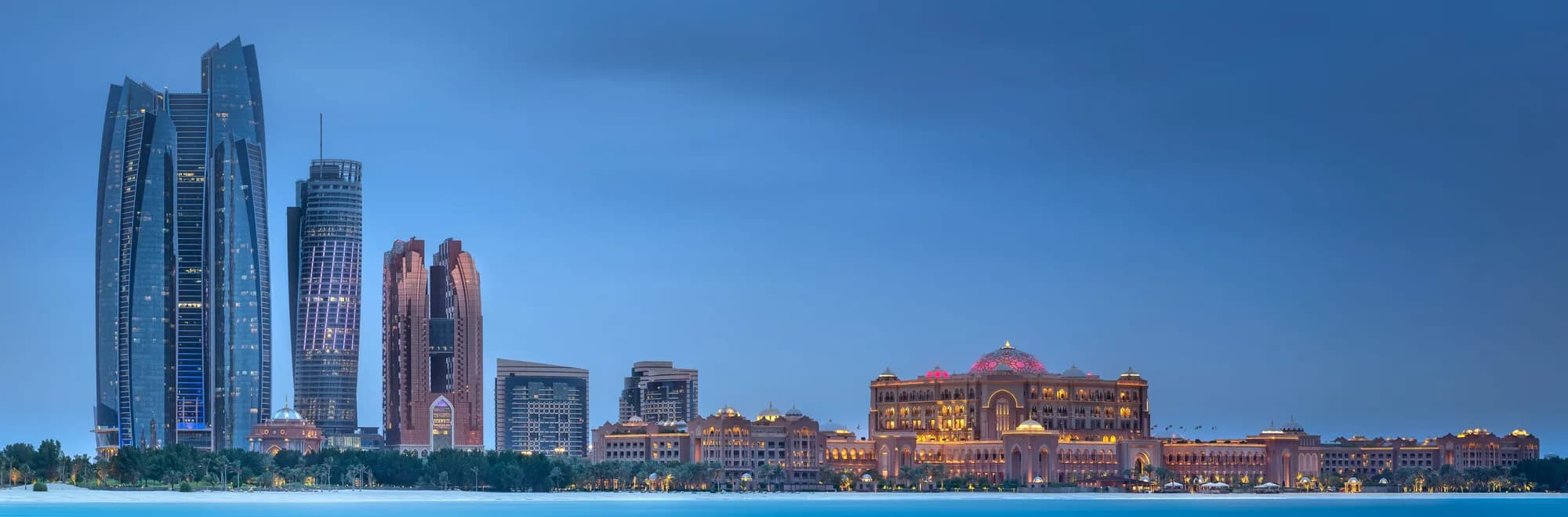 Abu Dhabi government district skyline at dusk